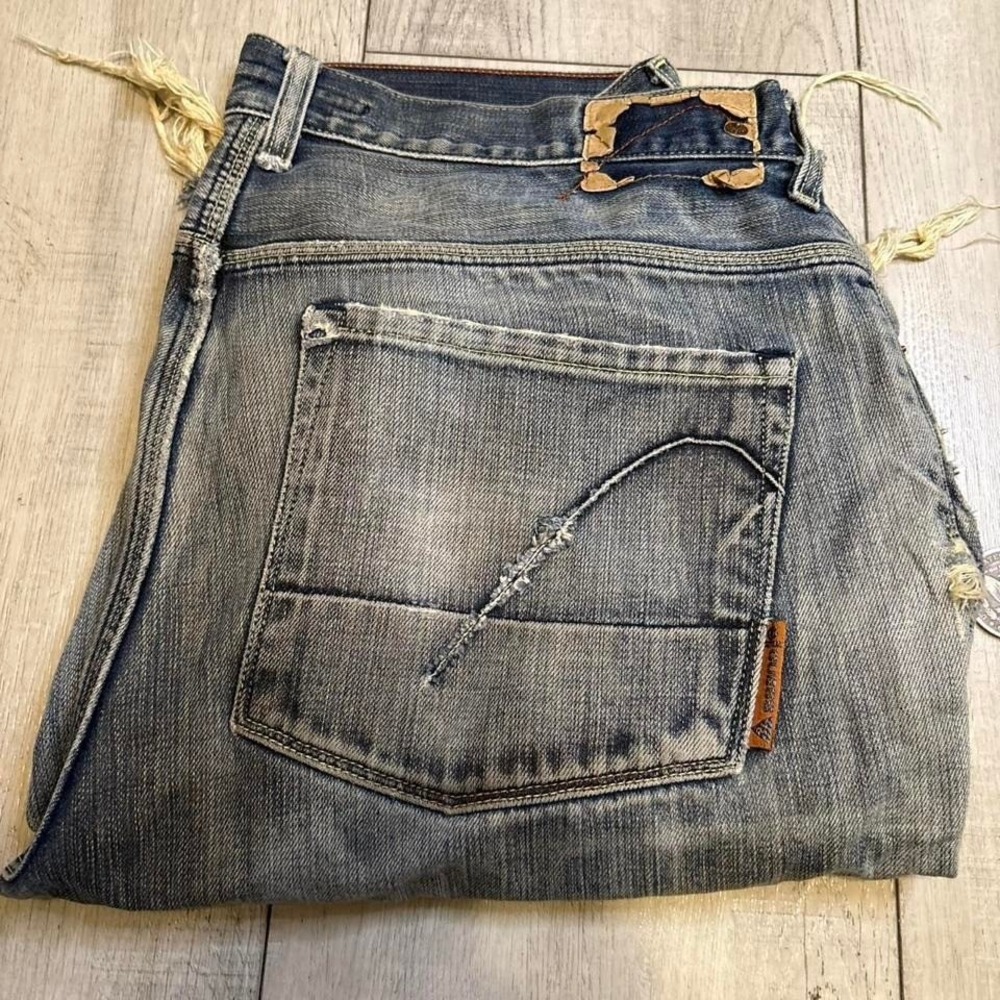 Guess blue distress denim shorts with orange stitching, Size: W 36 L 32
